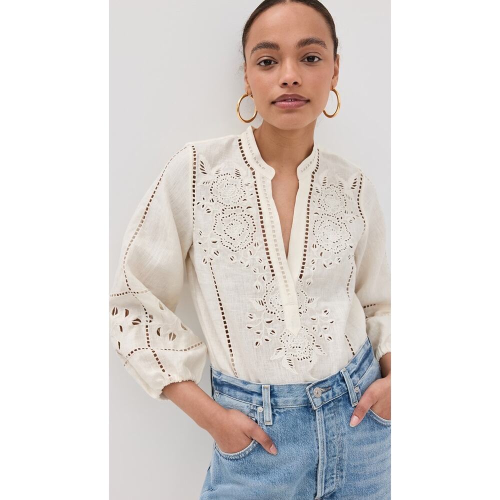 Figue Rylie Linen Floral Lace Cutouts Creamy White Top XS - Picture 2 of 11